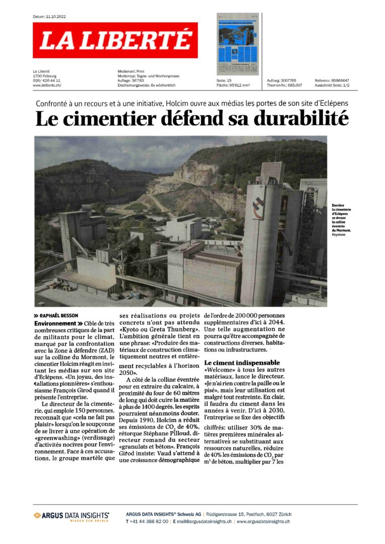 Page de journal "La Liberté" sur le Holcim et Cadcime